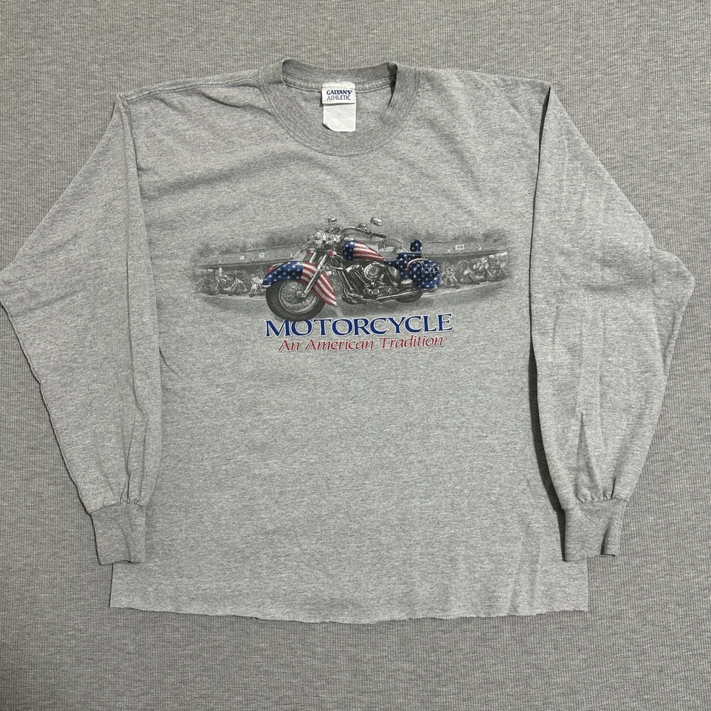 Motorcycle An American Tradition USA Flag Graphic Long Sleeve Gray Mens Large - Picture 1 of 8